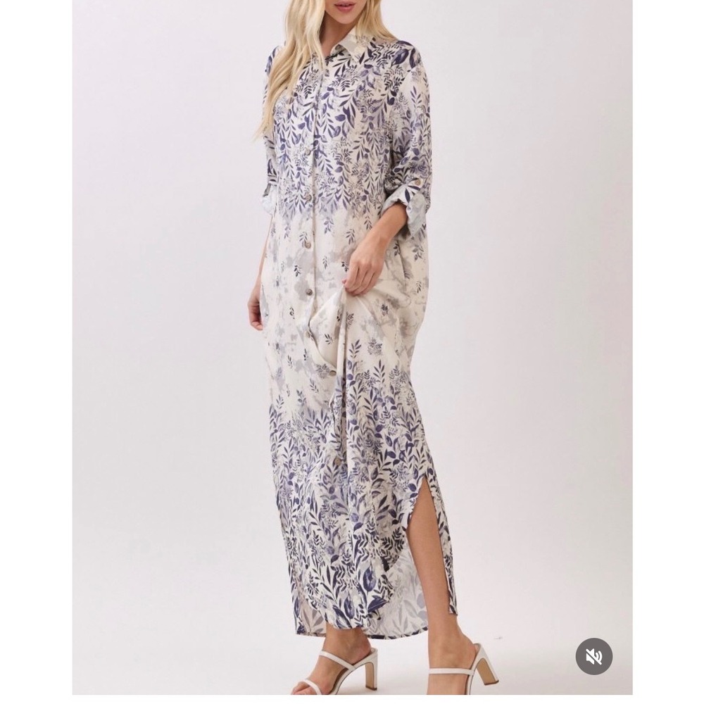 Big Hit Fashion Blue White Floral Leaf Maxi Shirt Dress Long Sleeve Pockets S kk